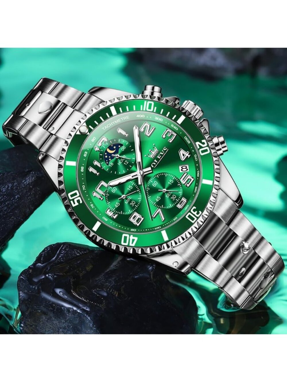 Men's Silver Green Stainless Steel Waterproof Quartz Big Face Fashion Wristwatch - Picture 3 of 6
